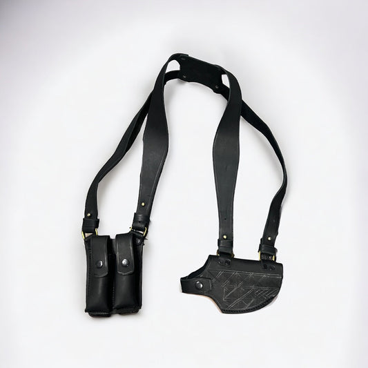 Double sided shoulder holster with 2 spare mag pouches - genuine leather