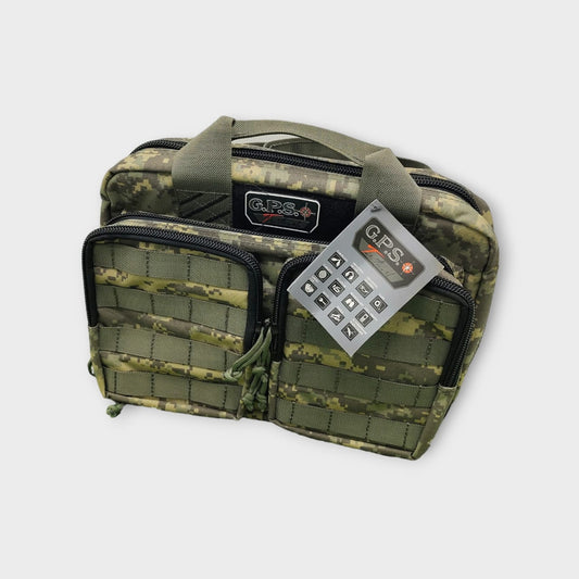 GPS TACTICAL DUAL PISTOL BAG – CAMOUFLAGE, MADE IN USA, MULTIPLE POCKETS